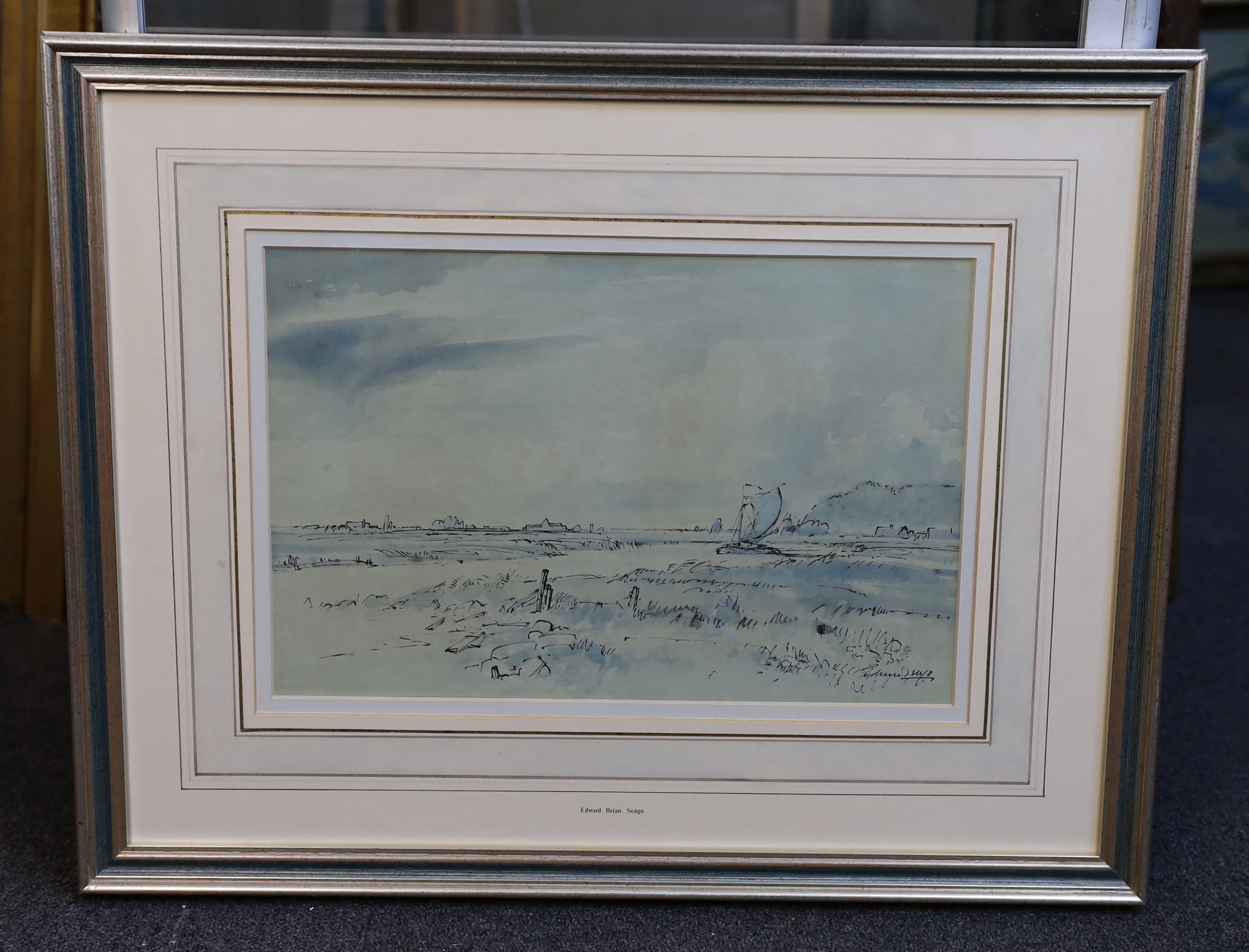 Edward Brian Seago R.B.A, R.S.W.A (British, 1910-1974), Norfolk landscape with sail barge, ink and watercolour on paper, 26 x 40cm